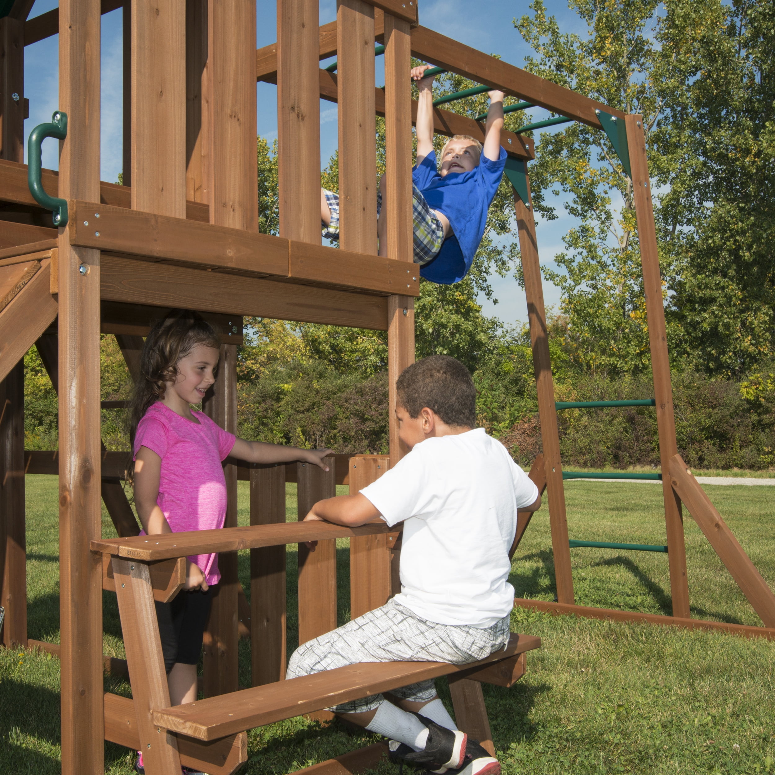Swing-N-Slide WS 8352 Knightsbridge Ultimate Wood Backyard Swing Set with Monkey Bars, Slide, Wood Roof, Belted Swings, Glider Swing, and Rock Climbing Wall