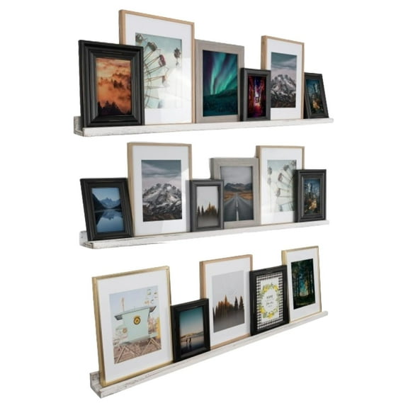 Ted Wall Mount Narrow Picture Ledge Shelf Photo Frame Display - 52 Inch Floating Wooden Shelf for Living Room Office Kitchen Bedroom Bathroom Décor - Set of 3 - Burnt White