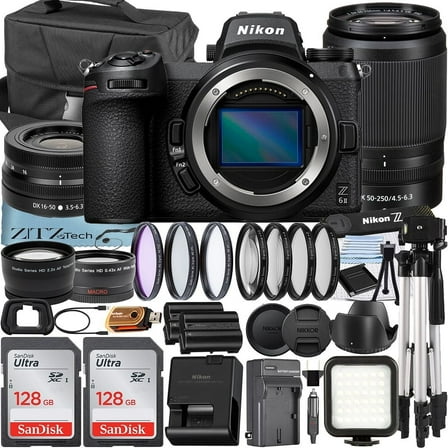 Nikon Z6 II Mirrorless Camera with NIKKOR 16-50mm   DX 50-250mm Zoom Lens   2 Pack SanDisk 128GB Card   Case   Telephoto   Tripod   ZeeTech Accessory Bundle