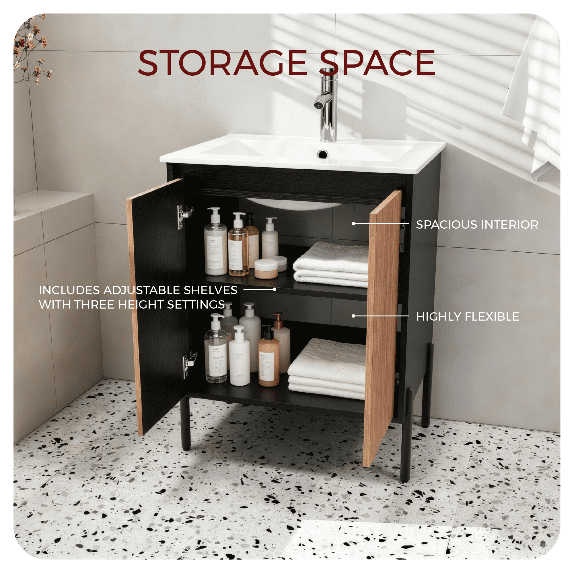 24 Inch Modern Bathroom Vanity Base Cabinet Only, Freestanding or Wall-Mounted with Soft Close Double Doors & Adjustable Shelf, Aluminum Legs (23.4" W x 17.9" D, Walnut & Black, No Sink)