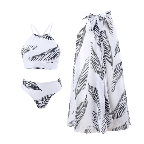Bikini Trajes de Baño de Mujer Encaje Bikini con Falda Larga de Gasa, Traje de Baño de Tres Piezas para la Playa