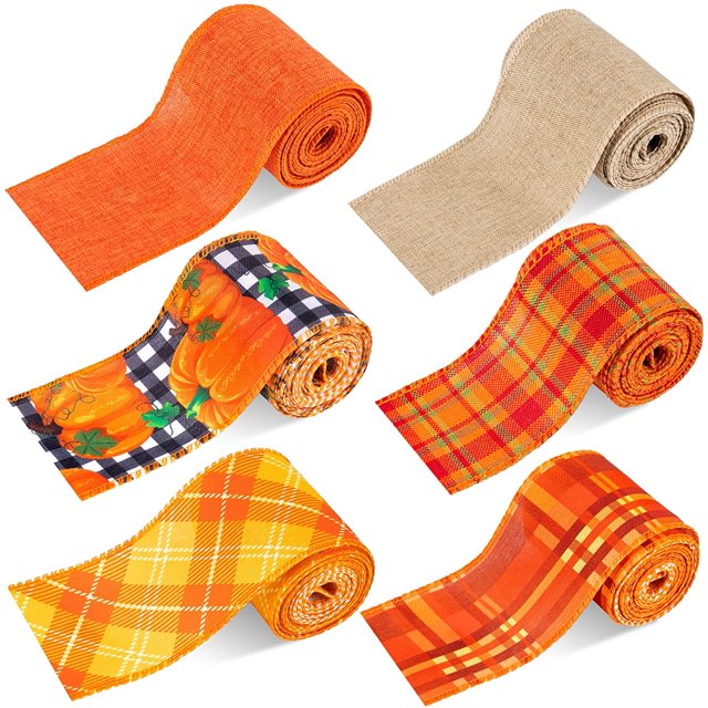 Fall Wired Edge Ribbon Thanksgiving Autumn 6 Rolls 30 Yard Orange Plaid Pumpkin Craft Ribbon Rustic Wrapping Ribbon for Wreath Floral Bows Craft Decor, 2.5In