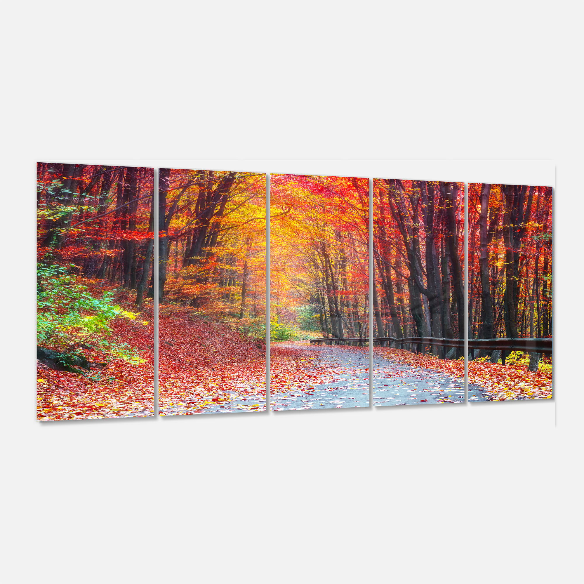 Designart 'Road in Beautiful Autumn Forest ' Multipanel Modern Forest Extra Large Metal Wall Arts