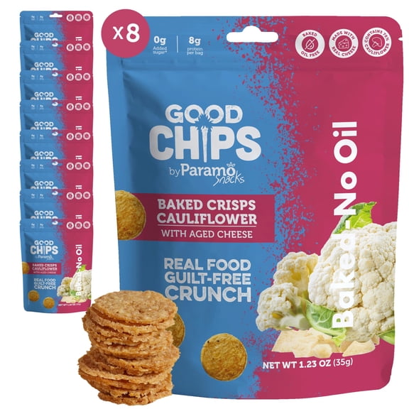 GOOD CHIPS Baked Cauliflower Aged Cheese Chips, 8-Pack, 1.23oz Bags