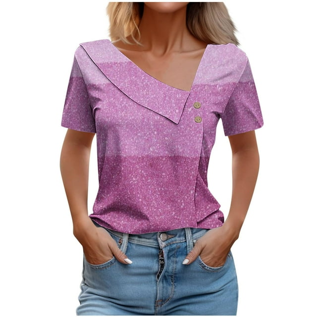 FAIWAD Women Summer Tops Short Sleeve Irregular V Neck Button T-Shirts Geometric Color Block Print Tees Blouses