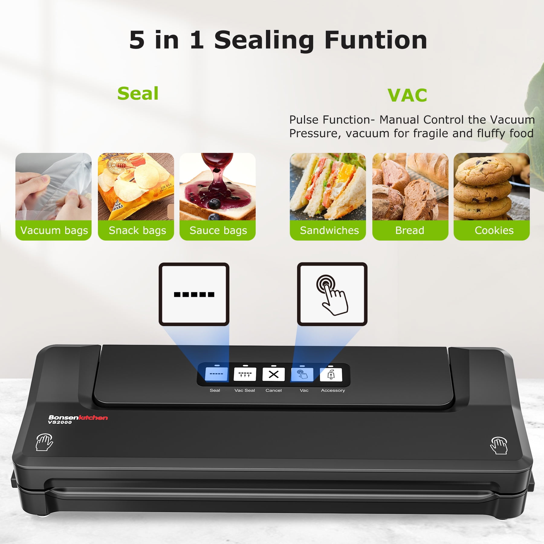 Bonsenkitchen Food Vacuum Sealer Machines, Food Saver Vacuum Packing Machines with 5 bags, Black