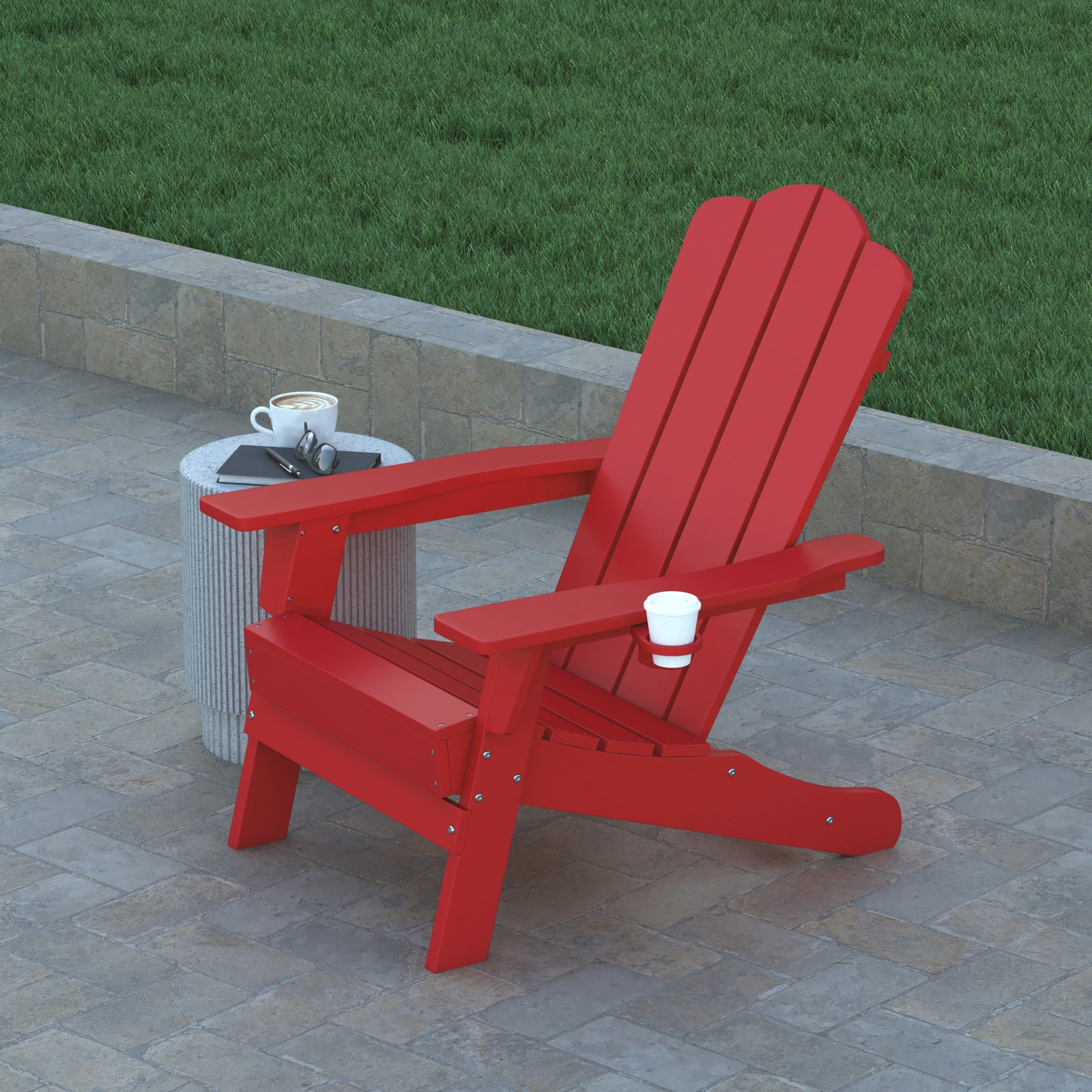 Emma + Oliver Set of 2 Adirondack Chairs with Cup Holders, Weather Resistant HDPE Adirondack Chairs in Red