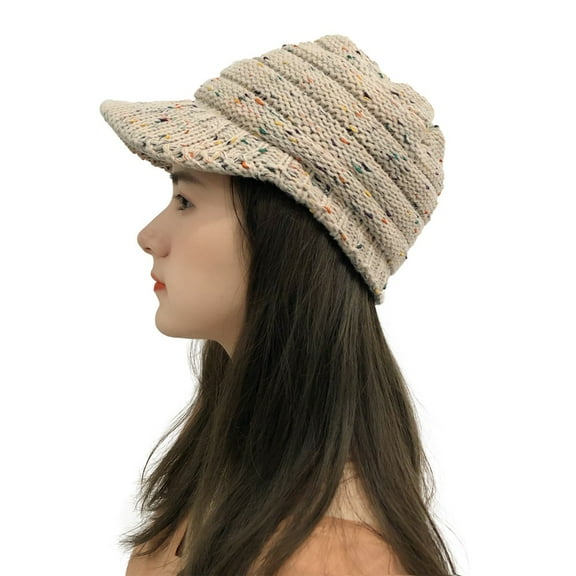 Dyfzdhu Women Multicolor Stitching Outdoor Plush Hats Crochet Knit Beanie Cap Peaked Beige