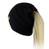 C.C BeanieTail Soft Stretch Cable Knit Messy High Bun Ponytail Beanie Hat, Black