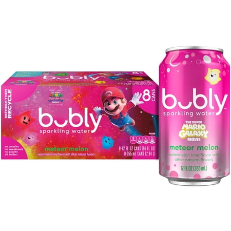 bubly Sparkling Water, The Super Mario Galaxy Movie Meteor Melon, Zero Sugar & Zero Calories, 12 fl oz Cans (8 pack)