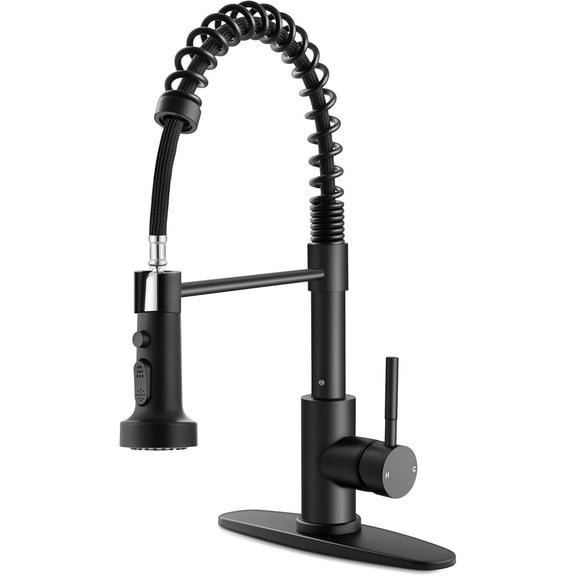 Homikit Black Kitchen Sink Faucet with Pull Down Sprayer, Stainless Steel Spring Kitchen Faucets with Deck Plate 1 or 3 Hole, Matte Black High Arc Commercial Faucet for Farmhouse Laundry Utility Rv