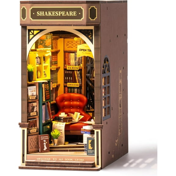Rolife 194Pcs 3D Wooden Puzzle Bookstore Library Book Nook Model,Building Kit DIY Dollhouse Bookshelf Insert Desk Decor Gifts for Adult Child