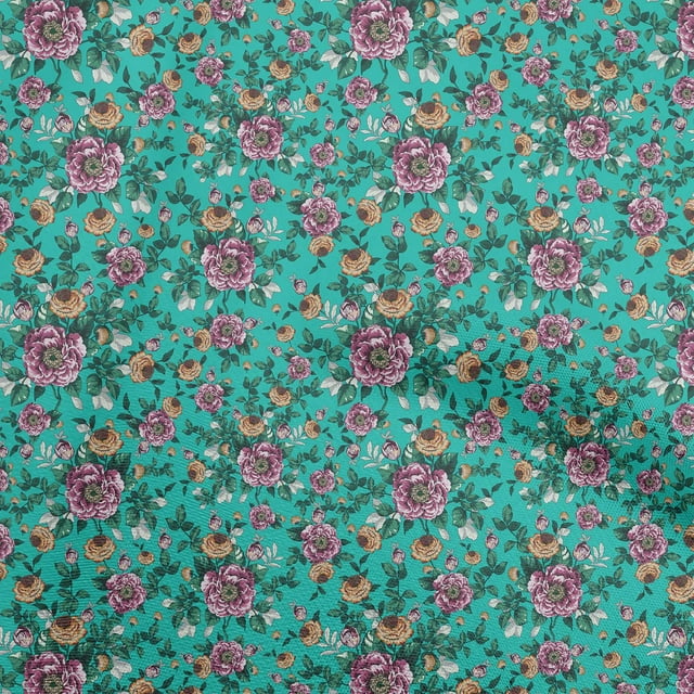 oneOone Tissu en Coton Vert Turquoise à Fleurs pour Robe Tissu Imprimé au Mètre 56 Pouces de Large