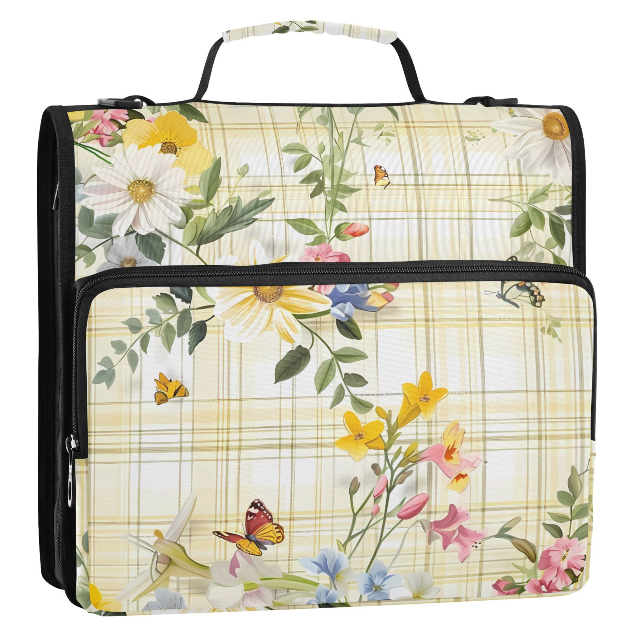 3 Ring Zipper Binder with Shoulder Strap Waterproof Trapper Keeper 2 Inch D-Ring 500 Sheets Capacity Flowers and Butterflies on Plaid