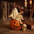 thumbnail image 3 of Ghost Sitting on Pumpkin Lantern Statue with Wine Glass & Skull, Funny Halloween Tabletop Decor, for Ba,r Farmhouse, Mantel, Home Ornament, 3 of 5