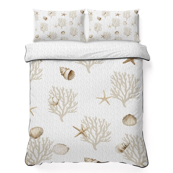Summer Ocean Beige Shell California King Quilt Bedding Set, Nautical Watercolor Sea Starfish Coral Lightweight Comforter with 2 Pillow Shams Bedroom Bedspread Set Home Decor for All Seasons