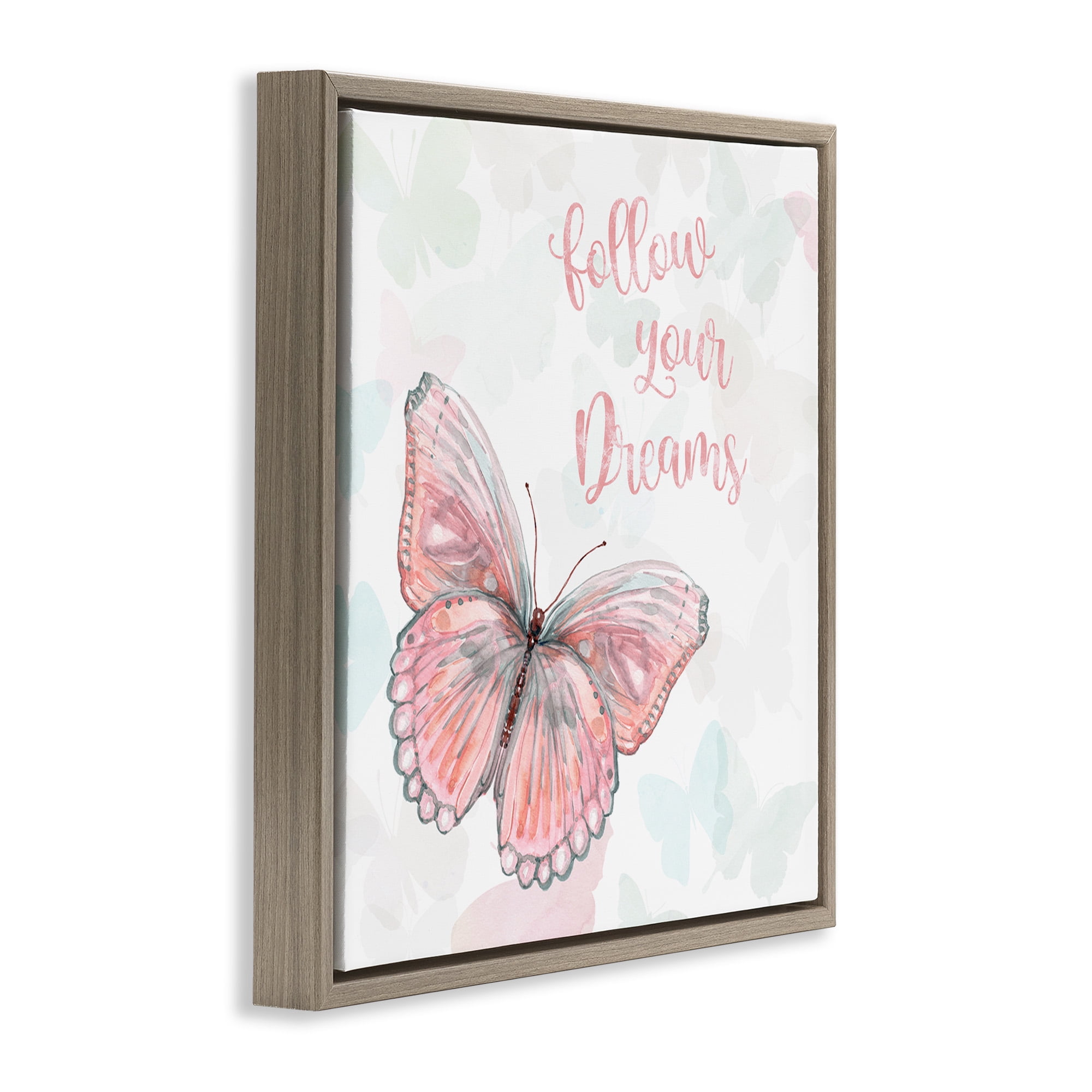 Stupell Industries Follow Your Dreams Pink Butterfly Animals & Insects Painting Brown Floater Framed Canvas Art Print Wall Art, 18 x 18