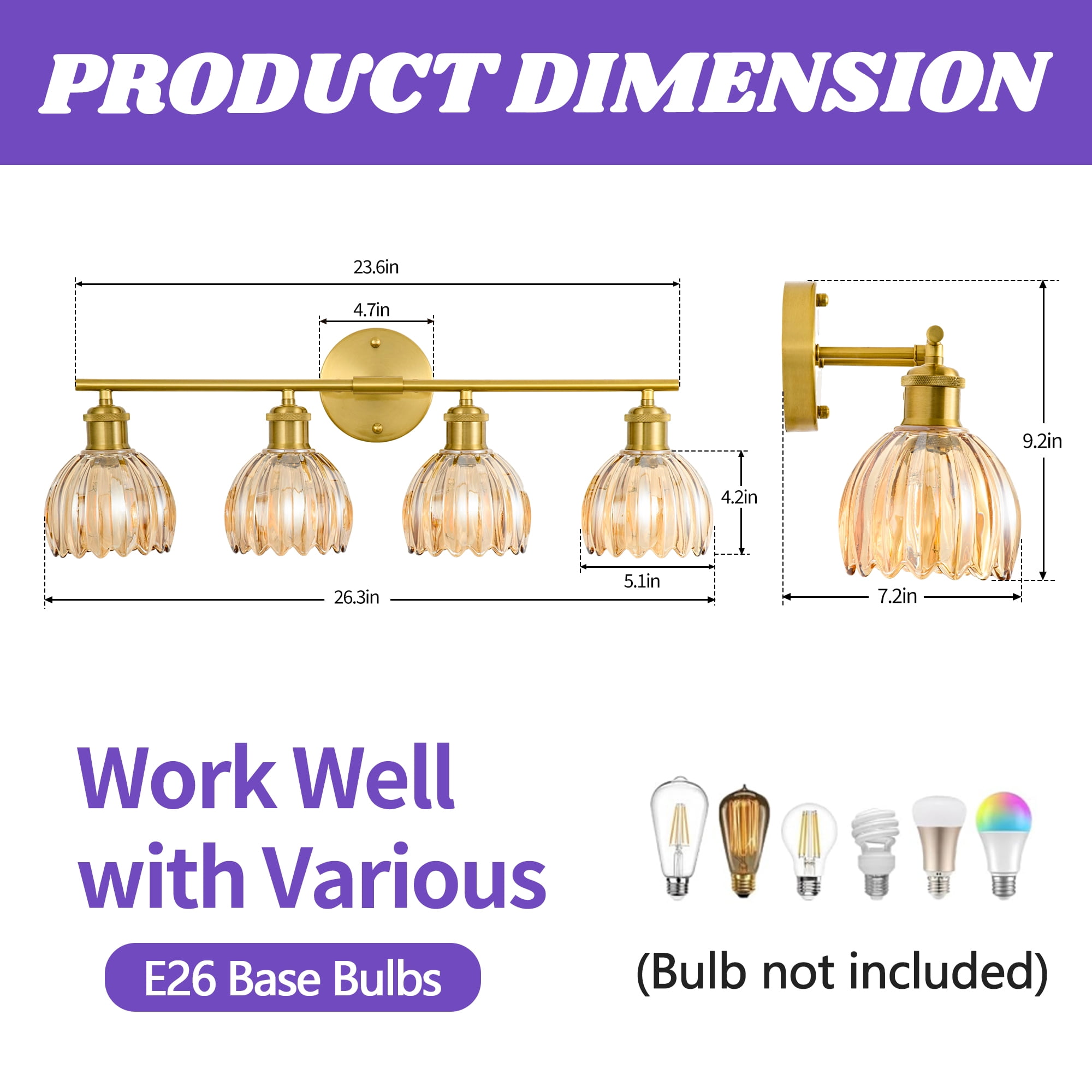 GCGAFUL Modern Gold Bathroom Vanity Light Fixtures, 26 in. 4-Light Bathroom Lights Fixtures Over Mirror with Amber Tulip Glass Shade