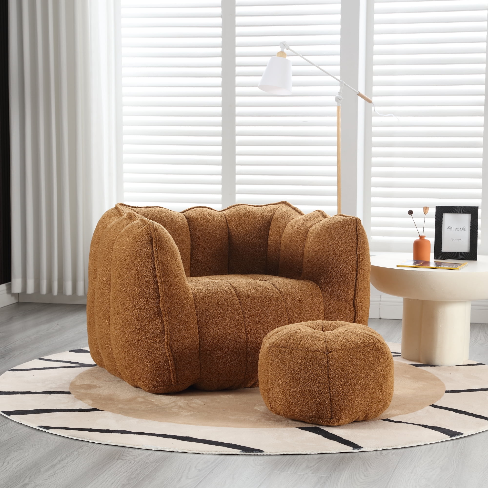 Bean Bag Chair with Footstool, Soft Lightweight Filled Bean Bag Sofa Chair with High Resilient Foam, Chenille Adult Bean Bag Chair with Armrests for Adults to Game, Read, Watch TV, Khaki