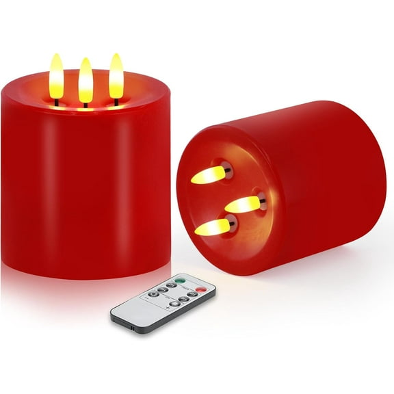 Large 3 Wick Flameless Candles Set of 2,  4"x4" Flickering Flameless Candles with Remote & Timer, Dimmable Real Wax LED Candles Battery Operated, Electric Pillar Candles for Home Xmas Decor