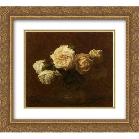 Golden Yellow Glass - Henri Fantin Latour 2x Matted 22x20 Gold Ornate Framed Art Print 'Yellow Pink Roses in a Glass Vase'