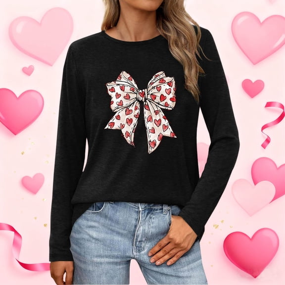 BLTIBY Valentine Shirts for Women Love Heart Sweater Fashion Casual Crewneck Long Sleeve Pullover Sweatshirts Blouse Valentines the Day Tops Black L