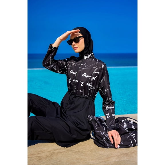 Black Full Coverage Modest Swimwear Set For Women R2501