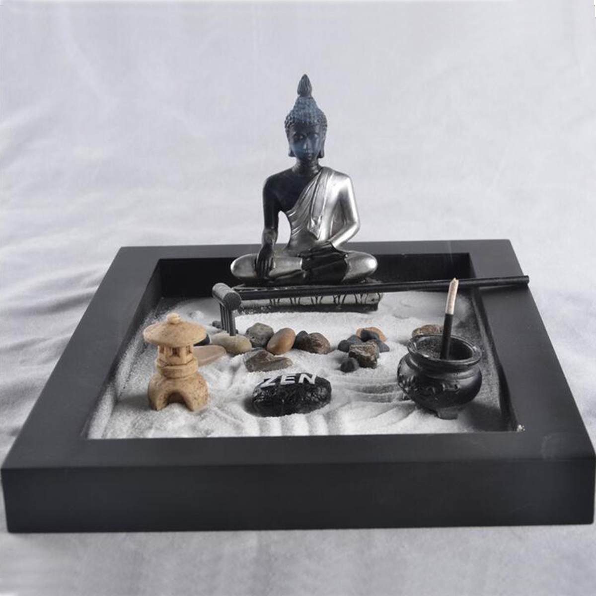 NEW Zen Garden Sand Kit Tabletop Buddha Rocks Tealight Holder Incense