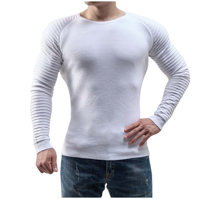 T Shirts for Man Winter Crew Neck Knitted Casual Patchwork Sweater Base White Fall Top size L