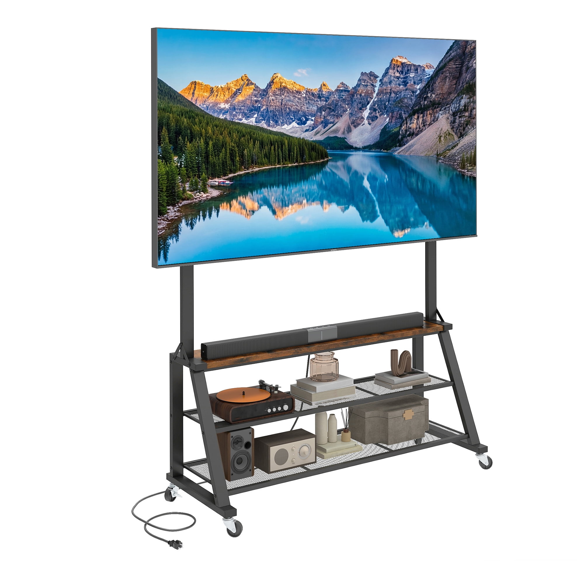 Uforic 46"W Rolling TV Stand with Lockable Wheels & Power Outlets, Mobile Cart for 32-75 Inch TVs, Rustic Brown