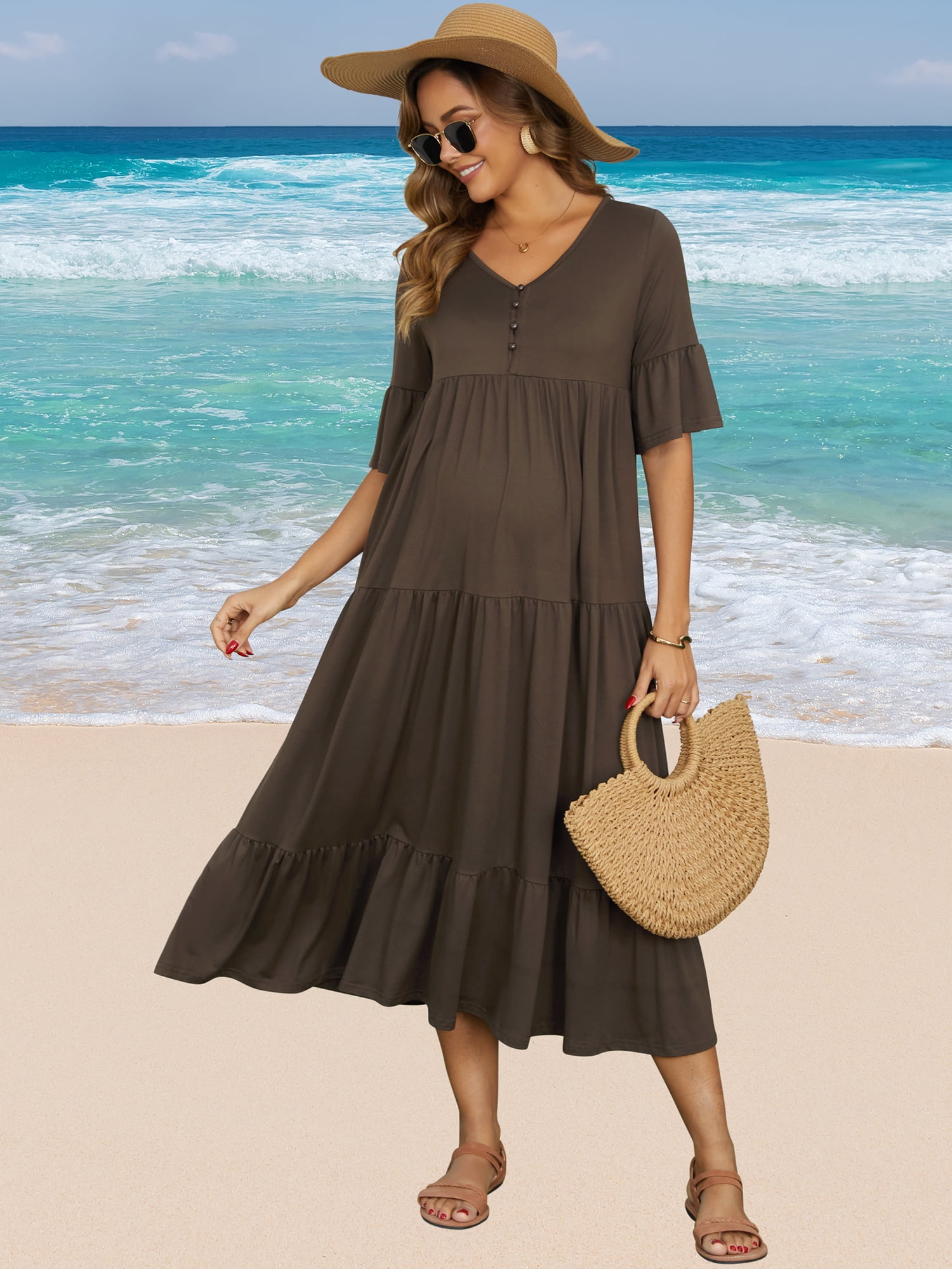 DARING DIVA Women's Maternity Short Sleeves Ruffled Sleeve Maxi Dress 2XL Coffee