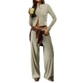 thumbnail image 2 of Women's Striped 2 Piece Pants Outfits Long Sleeve Button Down Knit Top Set Leisure Vacation Green M, 2 of 10