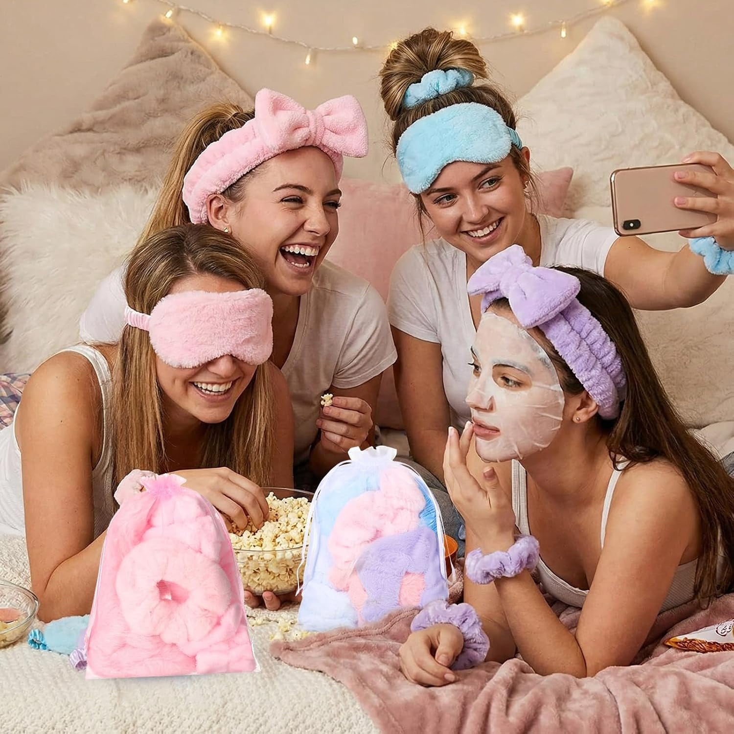 48 Pieces Spa Party Supplies 12 Spa Headband 12 Plush Sleep Eye Mask 12 Velvet Scrunchies 12 Organza Bags for Sleepover Slumber Party Favors Graduation Gift(Beige)