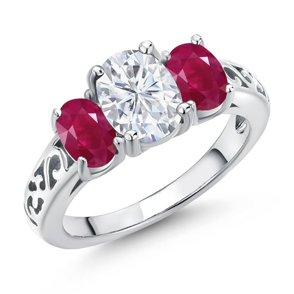 Gem Stone King 925 Sterling Silver White Moissanite and Red Ruby Filigree Style 3 Stone Ring for Women (2.70 Cttw, Oval 8X6MM and 6X4MM) (Size 9)