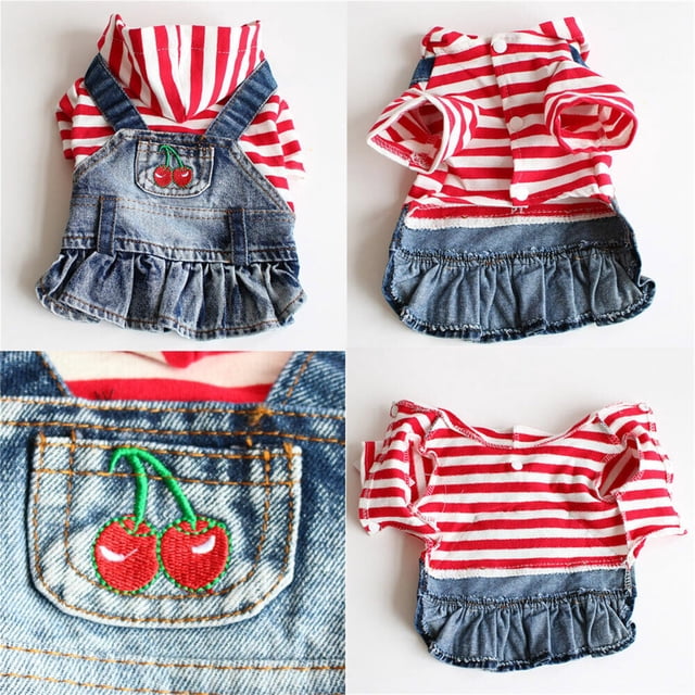 ERK Robe pour Chien Brodée de Fruits, Vêtements à Rayures, Veste à Capuche en Denim pour Chiot