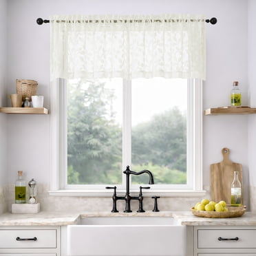 MKHILL 42x18 Ivory Jacquard Clip Sheer Valance Curtains 2 Panels, Rod Pocket Semi Sheer Window Topper for Kitchen RV Small Windows, Each 42"Wx18"L