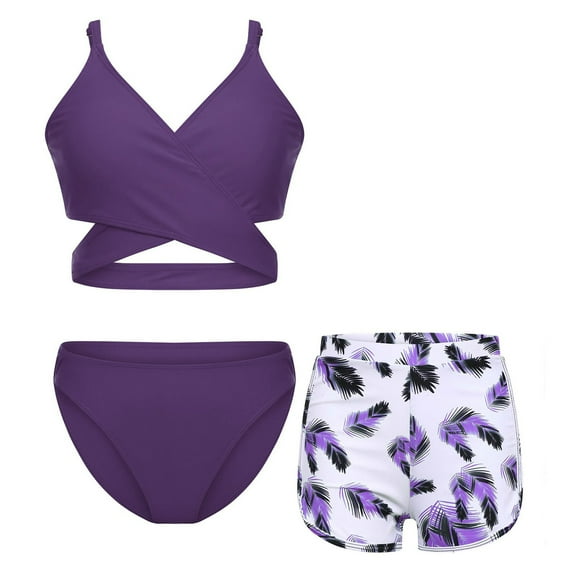 Sxiwei 3 Pcs Bikini Sets For Girls Crisscross Bra Top Brief With Printed Shorts Bathing Suits Purple 8-9Y