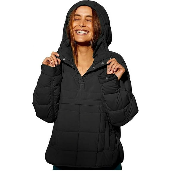 YNGKMEA Womens Puffer Jacket Lightweight Quilted Dolman Hoodies Oversized Packable Jackets Hoodies Quarter Button Down Long Sleeve Warm Tops Coat Black XXL