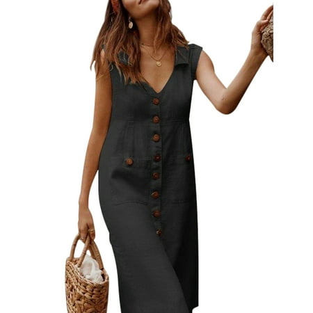 Smocked Empire Dresses Boho Summer Maxi Dress For Women Plus Size Holiday Beach Bardot Button Through Ladies Sling Long Smock Sun Dress Ladies Boho Sleeveless V-neck Midi Sundress Black S ()