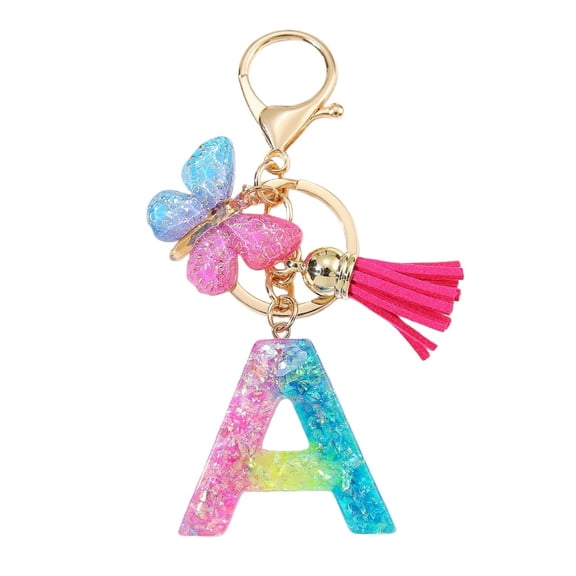 Gierzijia Color Sequins Butterfly Tassel A-Z Alphabet Resin Keychain, Initial Letter Key Ring Accessories Bag Charms