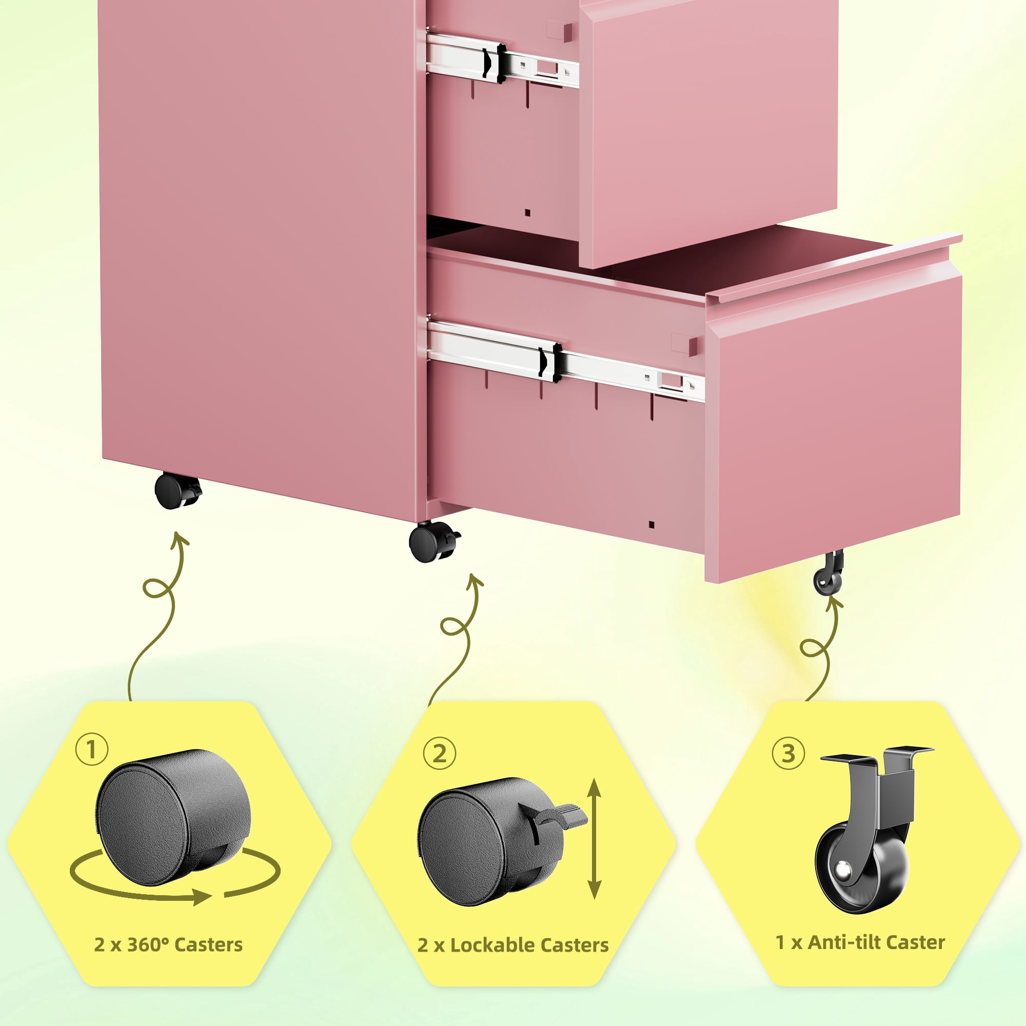 Gaeanet 2 Drawer Mobile File Cabinet, Lockable Metal Filing Cabinet with Wheels for Home Office, Legal/Letter Size,Pink,Fully Assembled Except Wheels