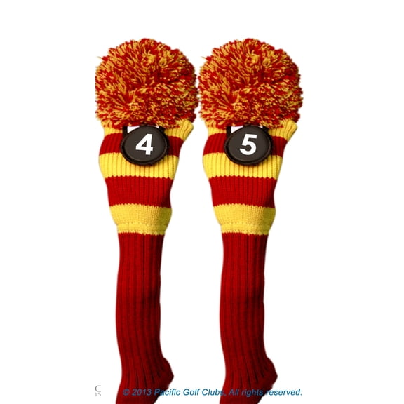 Majek #4 & 5 Hybrid Combo Pack Rescue Utility Red & Yellow Golf Headcover Knit Pom Pom Retro Classic Vintage Head Cover