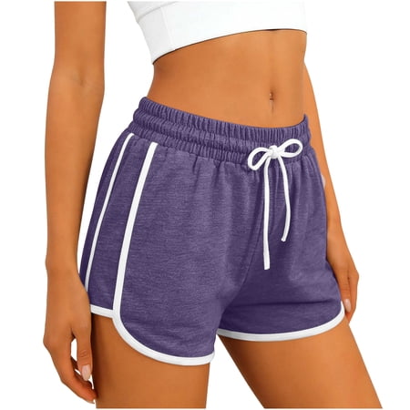SAFUNY Women s Contrast Trim Drawstring Shorts Elastic Waist Athletic Running Workout Bottoms Purple XL