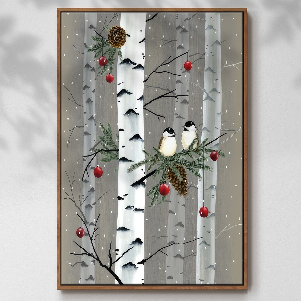 Birch Birds I - Framed Gallery Wrapped Holiday Canvas - 17 x 25 - Rosewood Frame