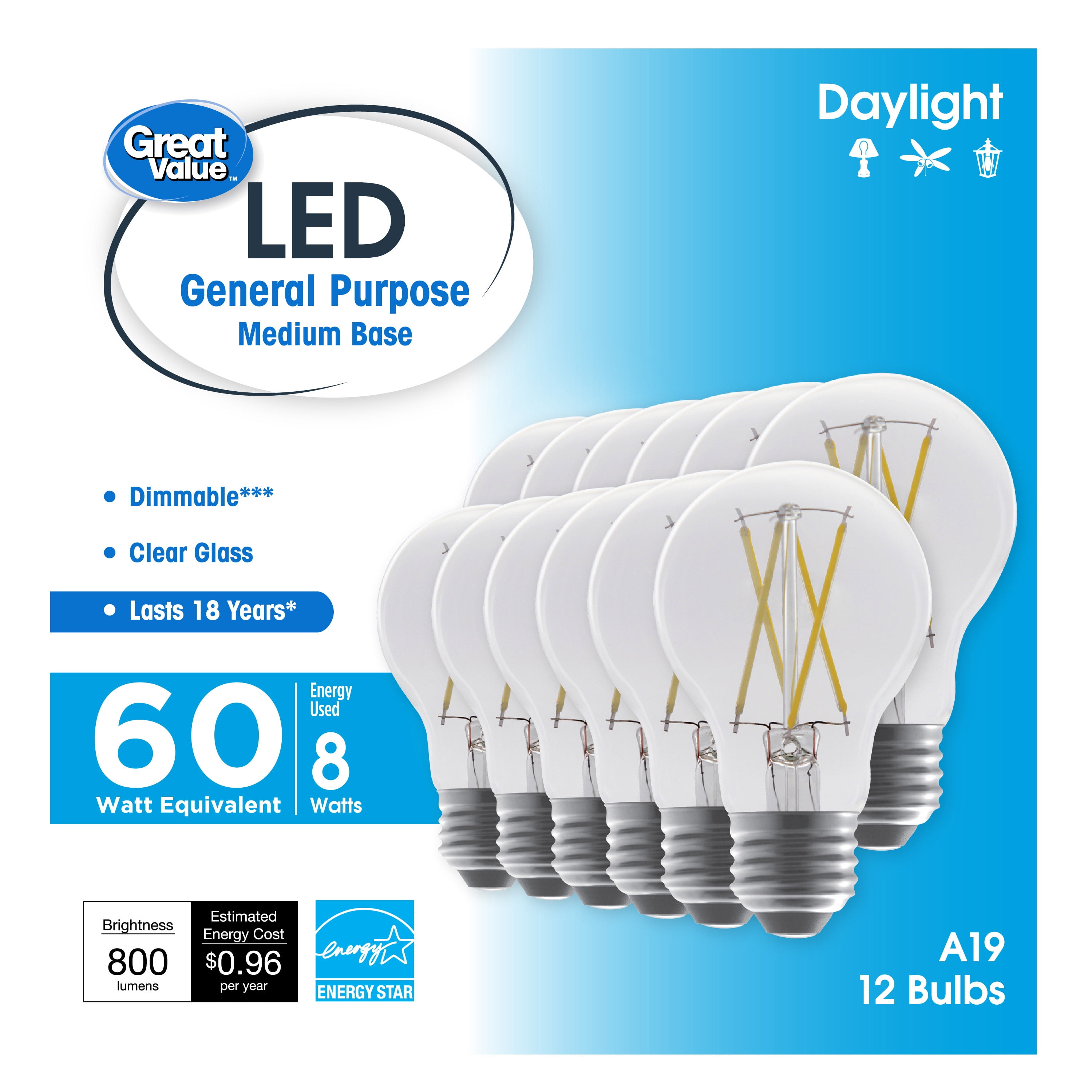 Great Value 18 Year LED Light Bulbs, A19 60 Watts Equivalent, 8 Watts Efficient, Dimmable, Daylight Clear Glass, 12 Pack