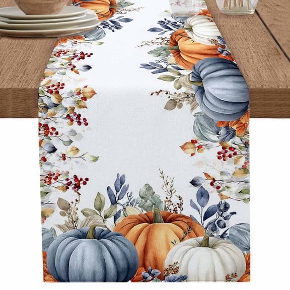 nqOlkjepod Fall Orange Blue Table Runner 60 Inches Long Farmhouse Dress Scarves, Thanksgiving Pumpkins Botanical Vintage Dining Tablerunner for Coffee Table/Kitchen Island/Party Décor, 13" x 60"