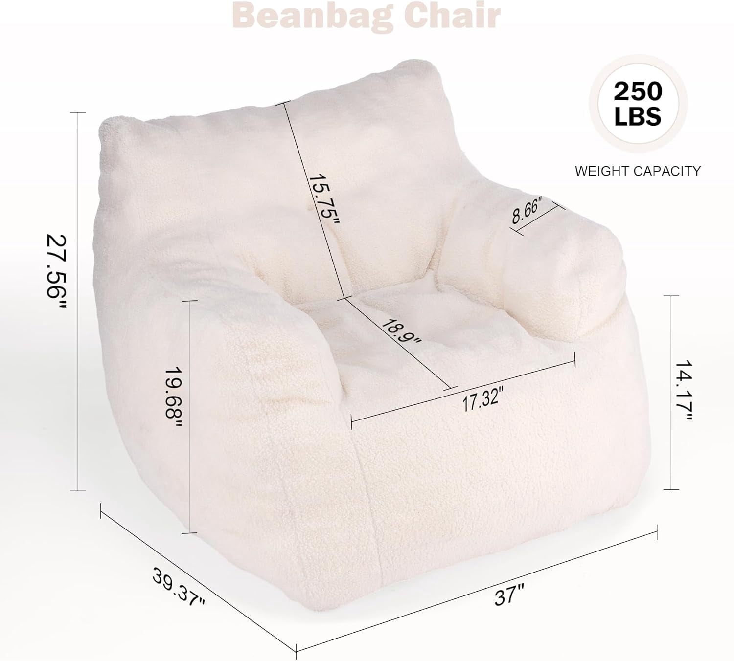 3FT Bean Bag Chair for Adult Teens Kids(with Filler) Furniture - Soft Teddy Fabric Lazy Sofa Chair - Bean Bag Lounger  Chairs for Living Room Bedroom Dorm Room (Ivory)