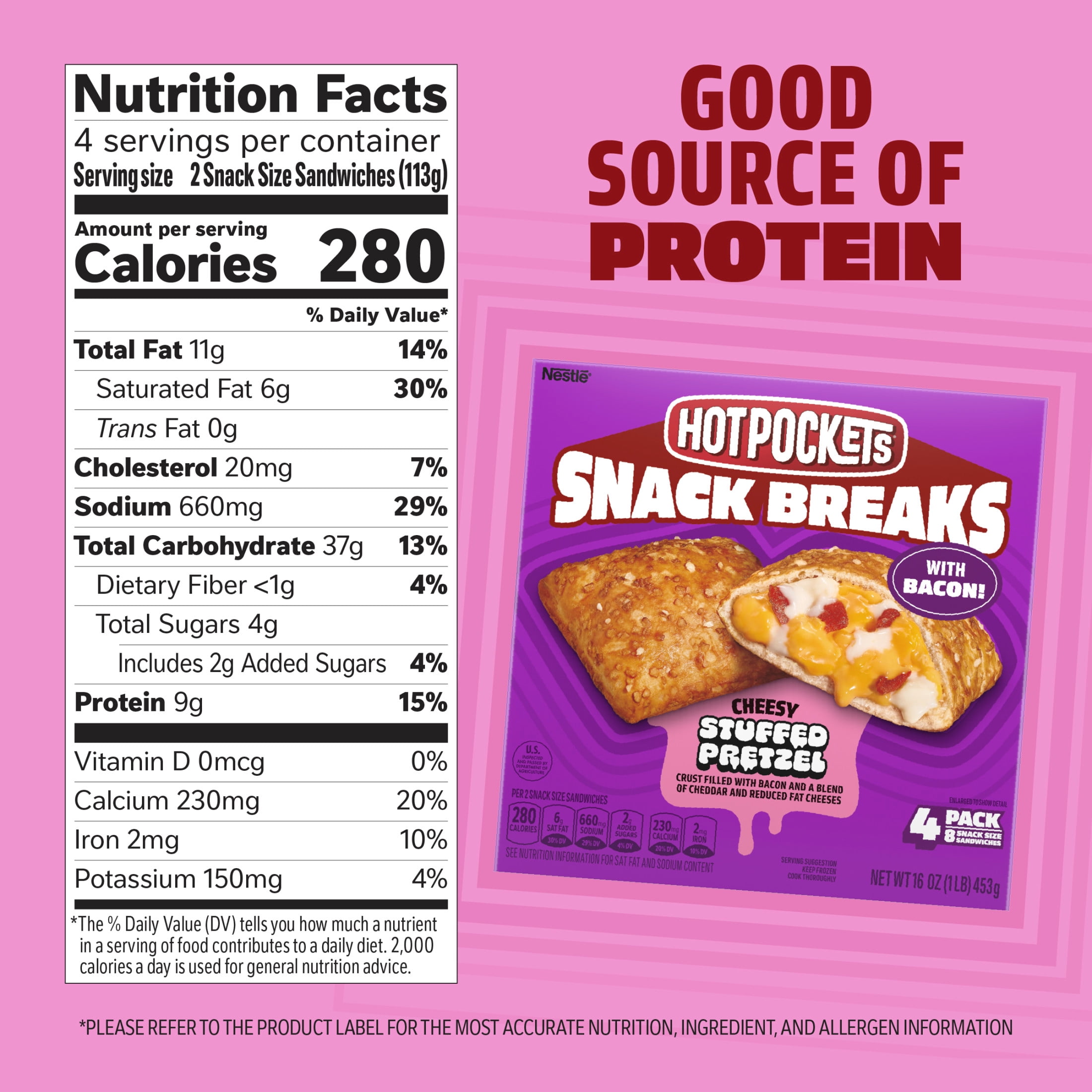Hot Pockets Snack Breaks Cheesy Stuffed Pretzel Crust, Bacon & Cheese Snacks, 4 pack, 1 lb Box (Frozen)
