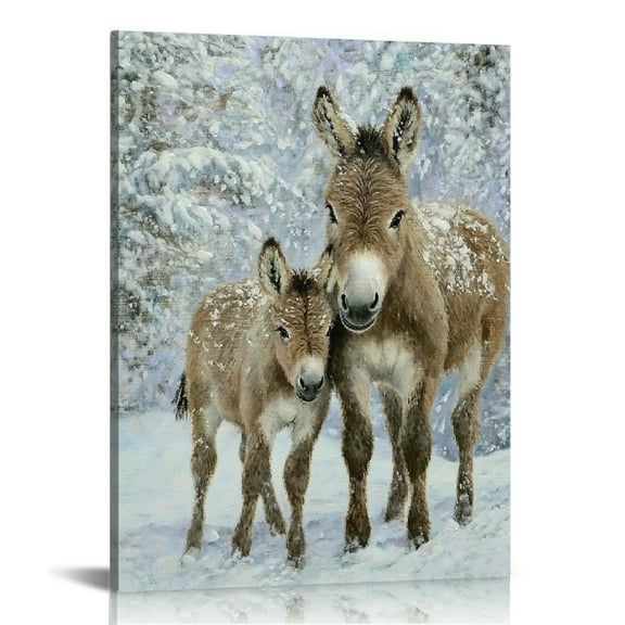 Creowell Donkeys Snow Painting Wall Decor for Home, Living Room, Bedroom, Kitchen, Bathroom, Office - Print on Canvas 12x16in
