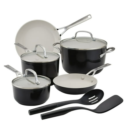 KitchenAid Ceramic Forged 10 Pcs Nonstick Cookware Set, Dishwasher Safe and Oven Safe to 500°F, Onyx Black